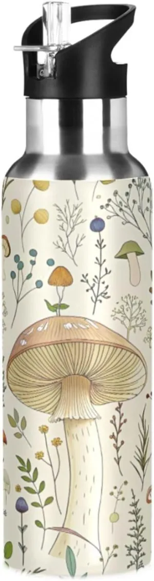 Qilmy Mushroom Sport Water Bottle with Straw Lid Double Wall Vacuum Insulated Flask Stainless Steel Water Bottle 20 oz