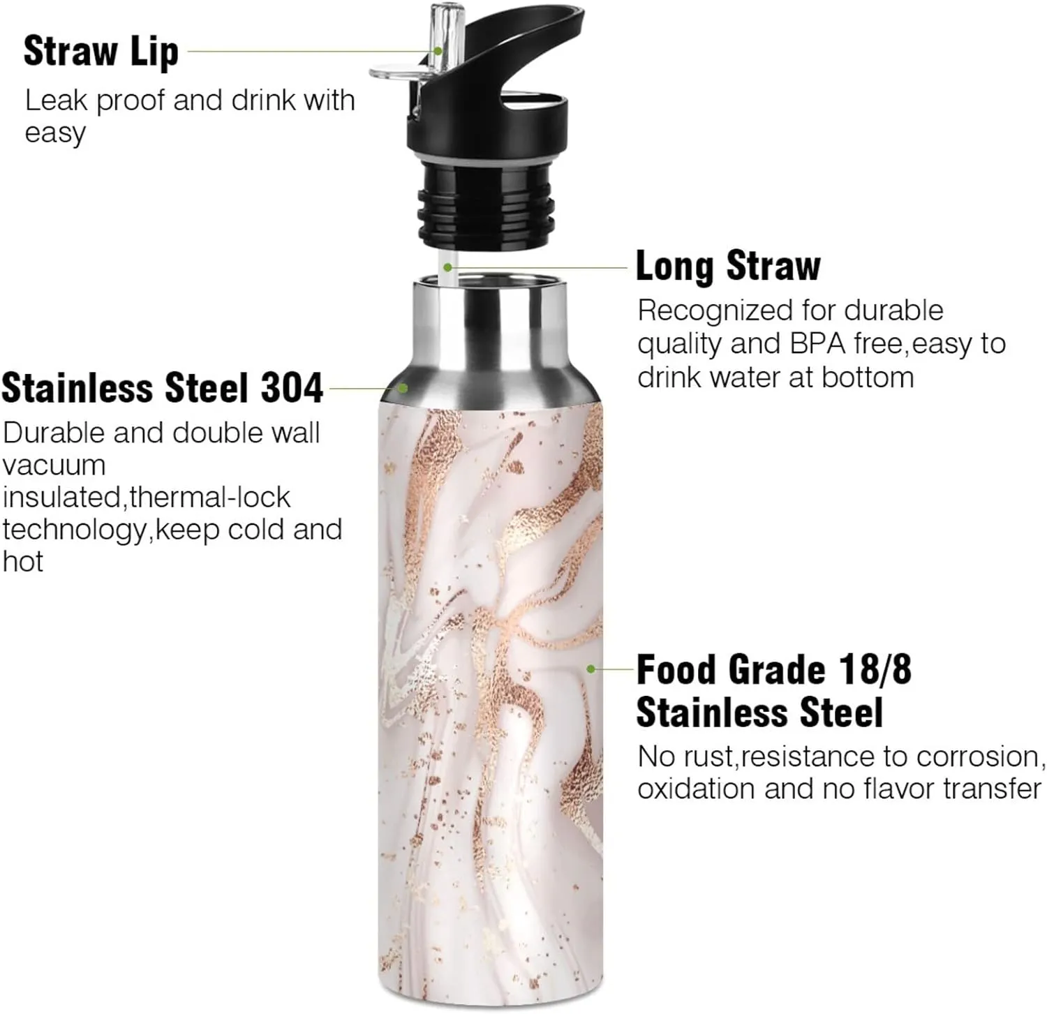 Qilmy Rose Gold Marble Sport Water Bottle with Straw Lid Double Wall Vacuum Insulated Flask Stainless Steel Water Bottle 20 oz