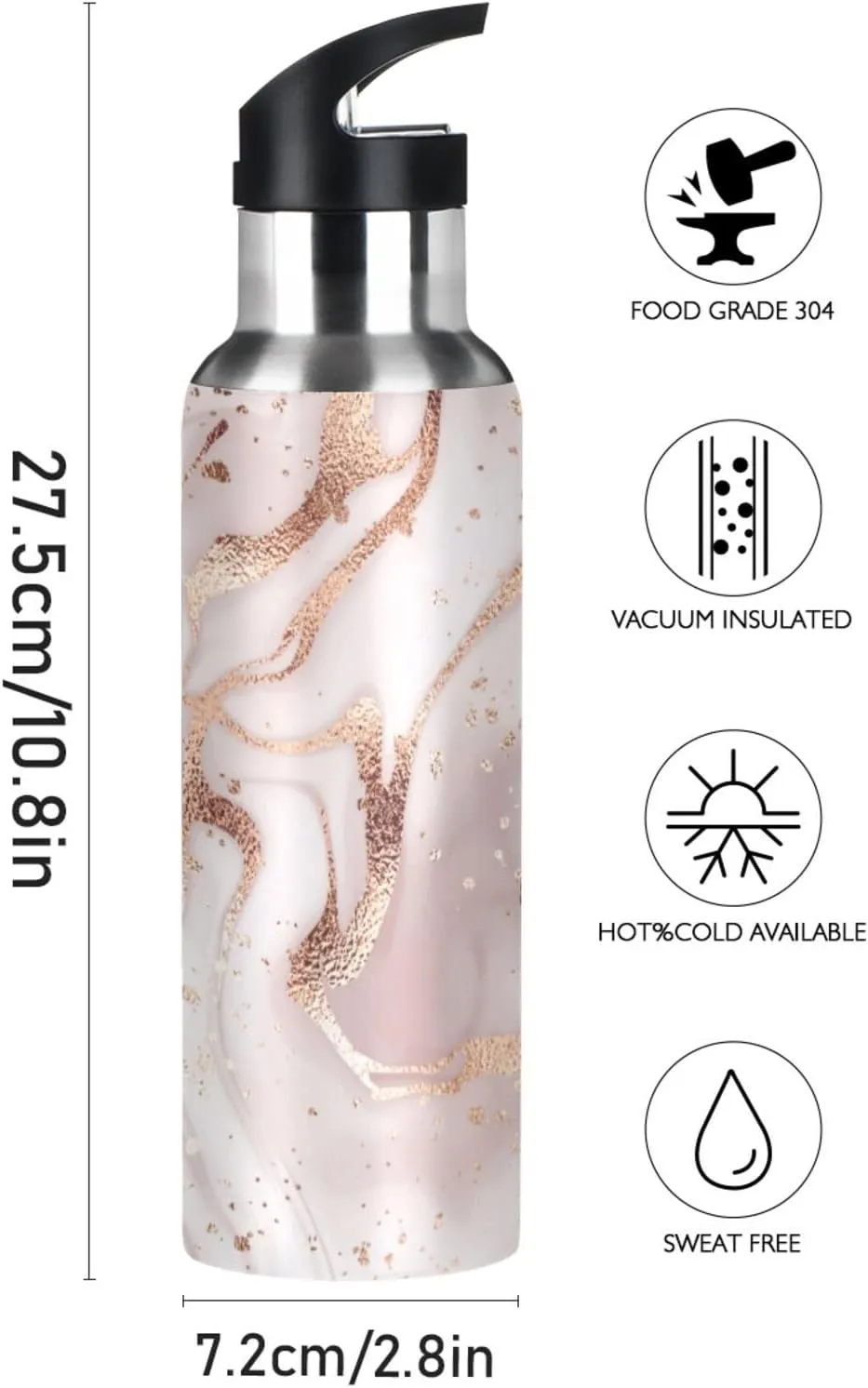 Qilmy Rose Gold Marble Sport Water Bottle with Straw Lid Double Wall Vacuum Insulated Flask Stainless Steel Water Bottle 20 oz