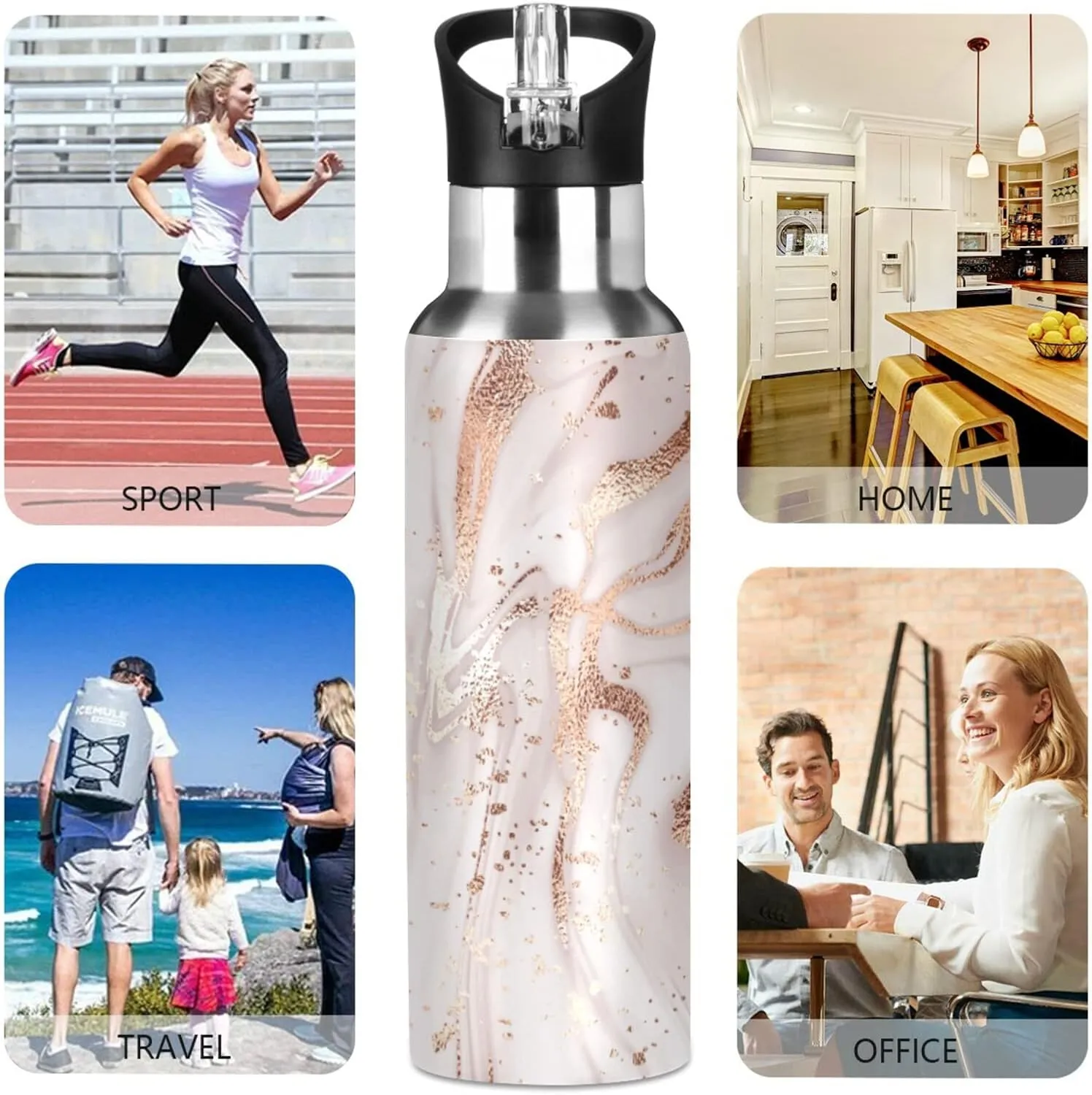 Qilmy Rose Gold Marble Sport Water Bottle with Straw Lid Double Wall Vacuum Insulated Flask Stainless Steel Water Bottle 20 oz