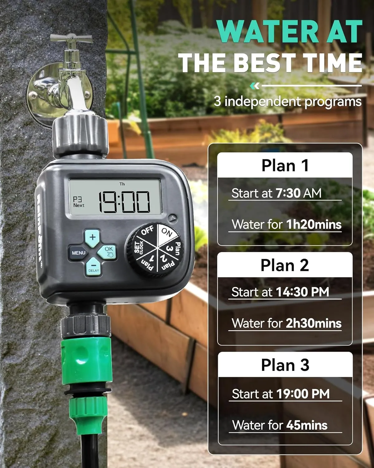 RAINPOINT Sprinkler Timer with 3 Independent Programs, Hose Timer with Rain Delay/Manual/Automatic Irrigation System, Watering Timer for Garden, Lawn, Yard