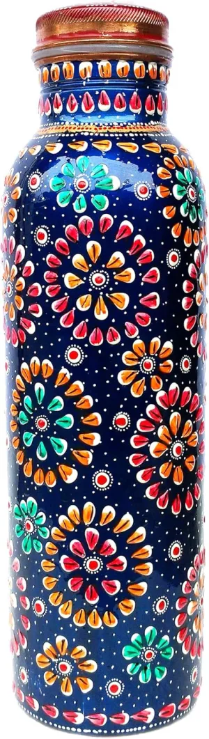 Rastogi Handicrafts Pure copper Hand painted bottle blue capacity 33oz / 950 ml for drinking water storage/yoga bottle