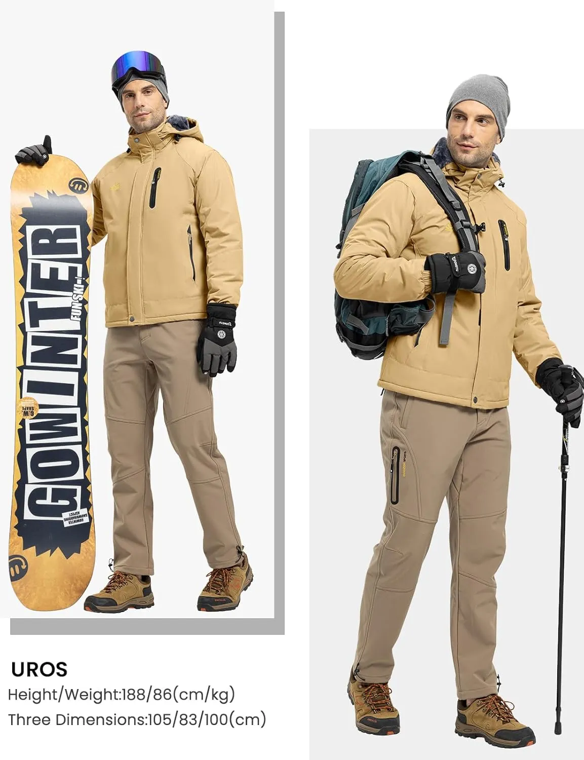 Rdruko Men's Ski Snow Jacket Waterproof Winter Insulated Fleece Hooded Outdoor Mountain Coat