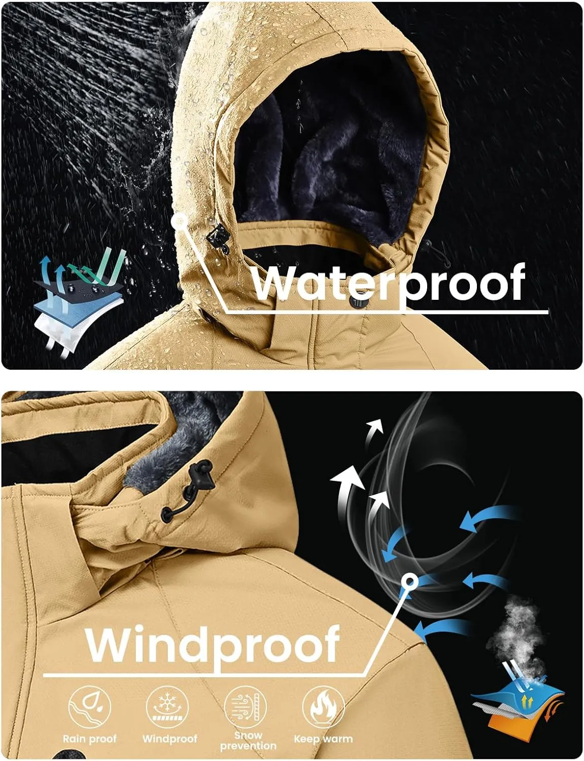 Rdruko Men's Ski Snow Jacket Waterproof Winter Insulated Fleece Hooded Outdoor Mountain Coat