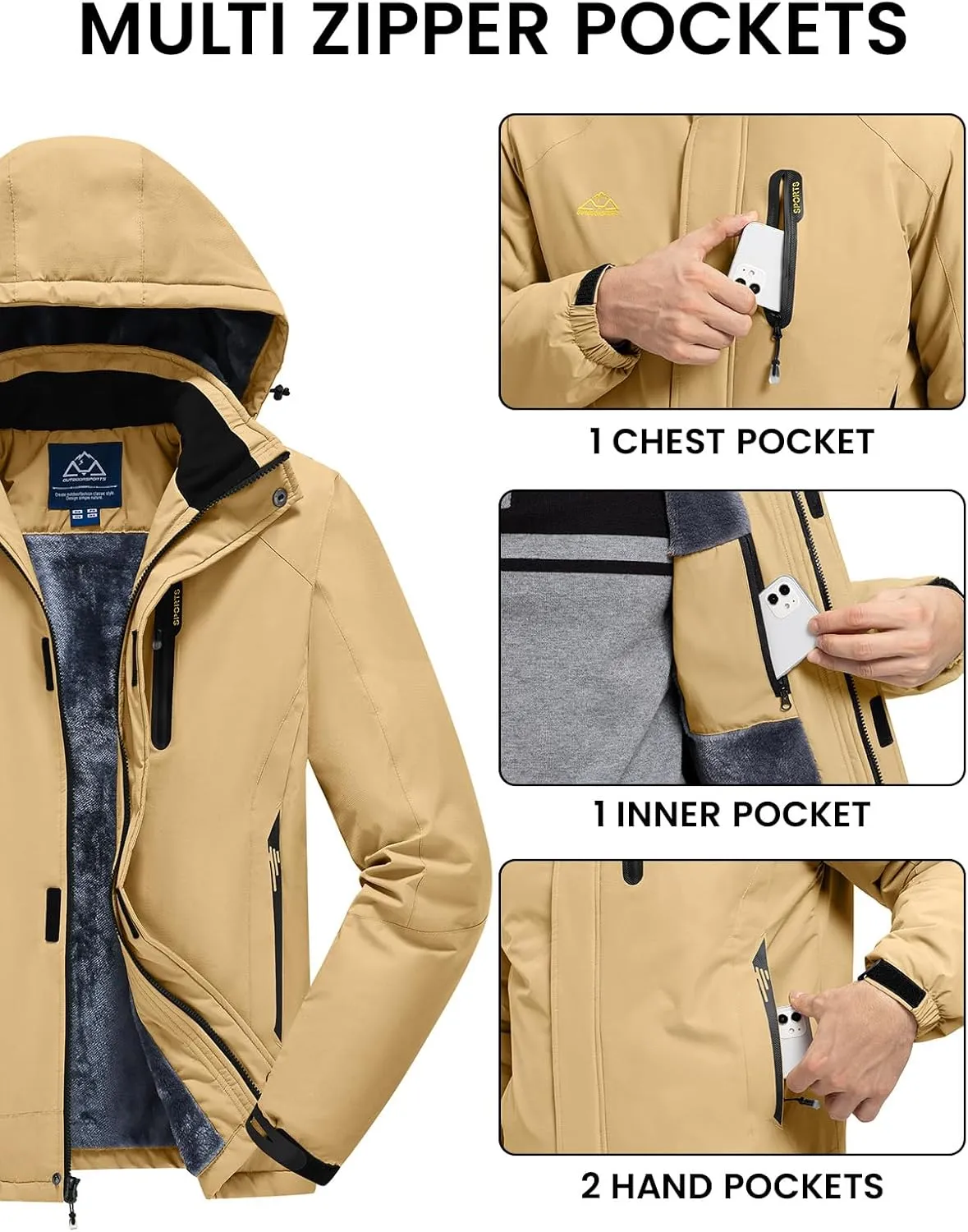 Rdruko Men's Ski Snow Jacket Waterproof Winter Insulated Fleece Hooded Outdoor Mountain Coat