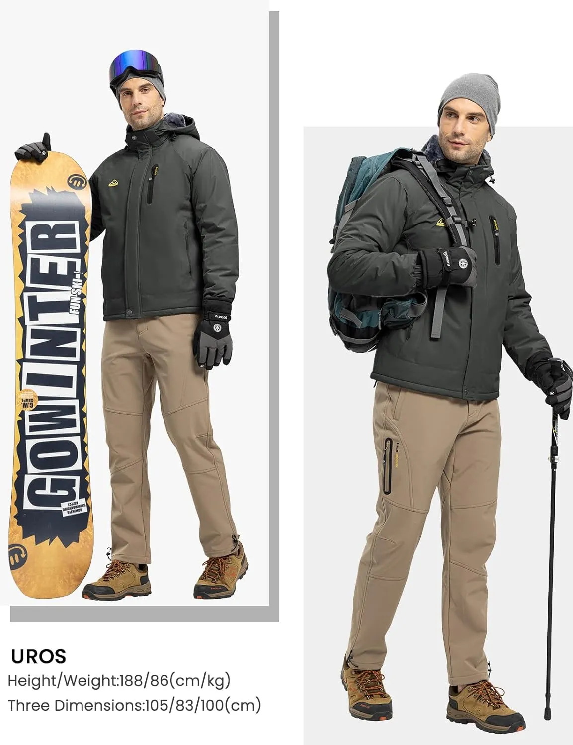 Rdruko Men's Ski Snow Jacket Waterproof Winter Insulated Fleece Hooded Outdoor Mountain Coat