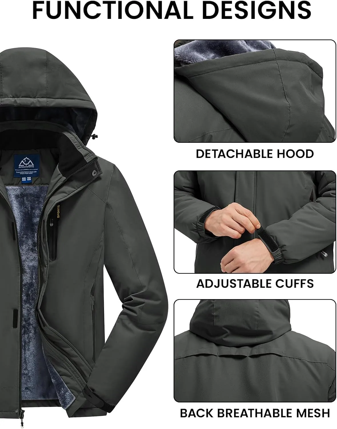 Rdruko Men's Ski Snow Jacket Waterproof Winter Insulated Fleece Hooded Outdoor Mountain Coat