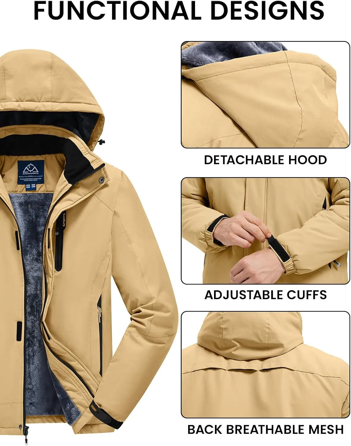 Rdruko Men's Ski Snow Jacket Waterproof Winter Insulated Fleece Hooded Outdoor Mountain Coat