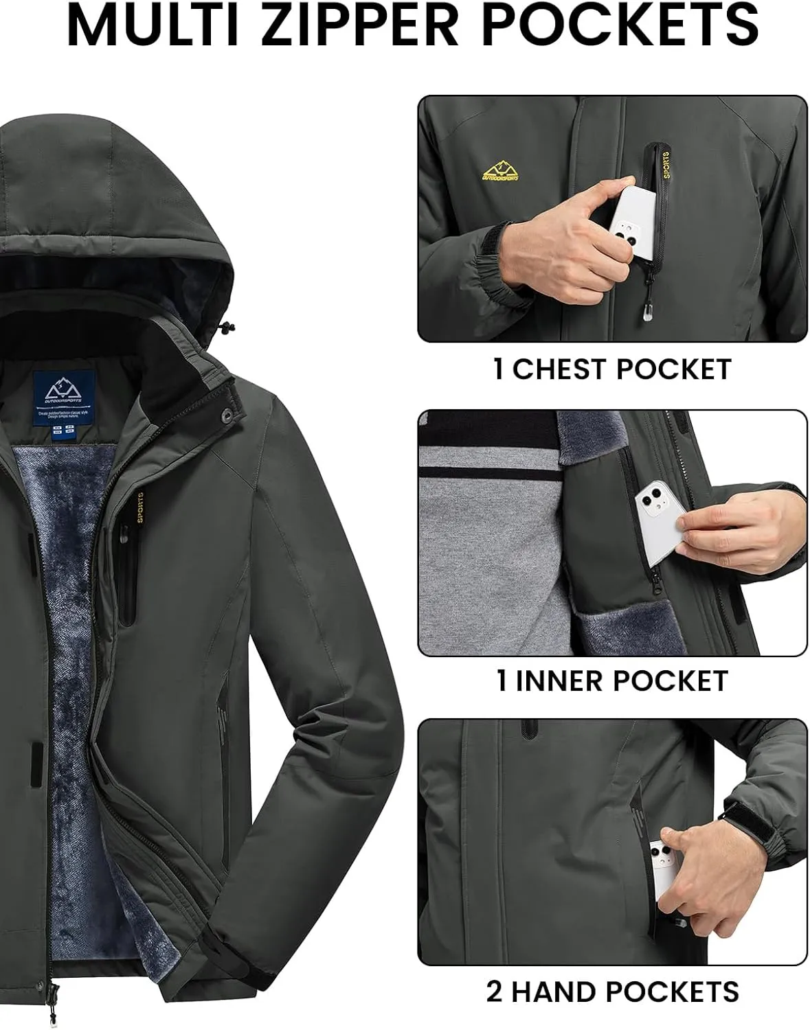 Rdruko Men's Ski Snow Jacket Waterproof Winter Insulated Fleece Hooded Outdoor Mountain Coat