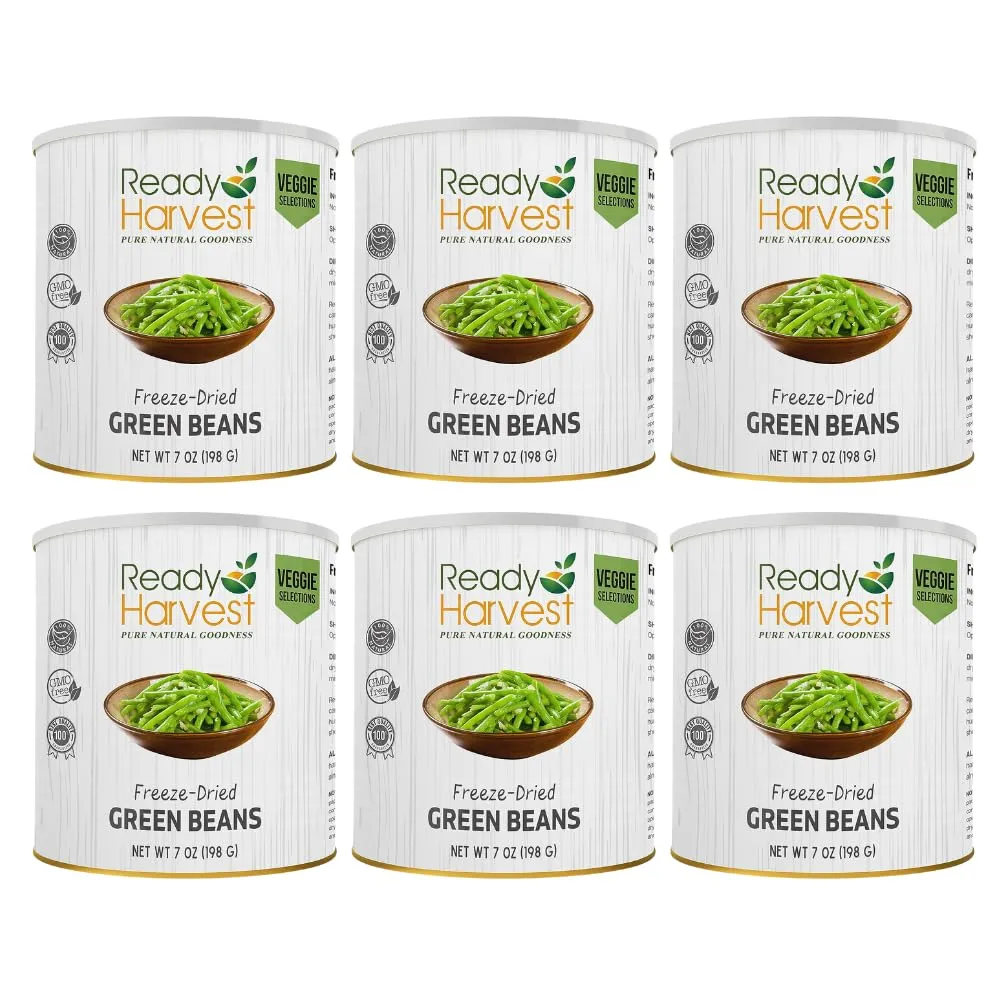 Ready Harvest Freeze-Dried Food Green Beans for Emergency Supply | Survival Emergency Supplies | Camping Canned Vegetables #10 Can | 25-Year Shelf Life | 6 Cans