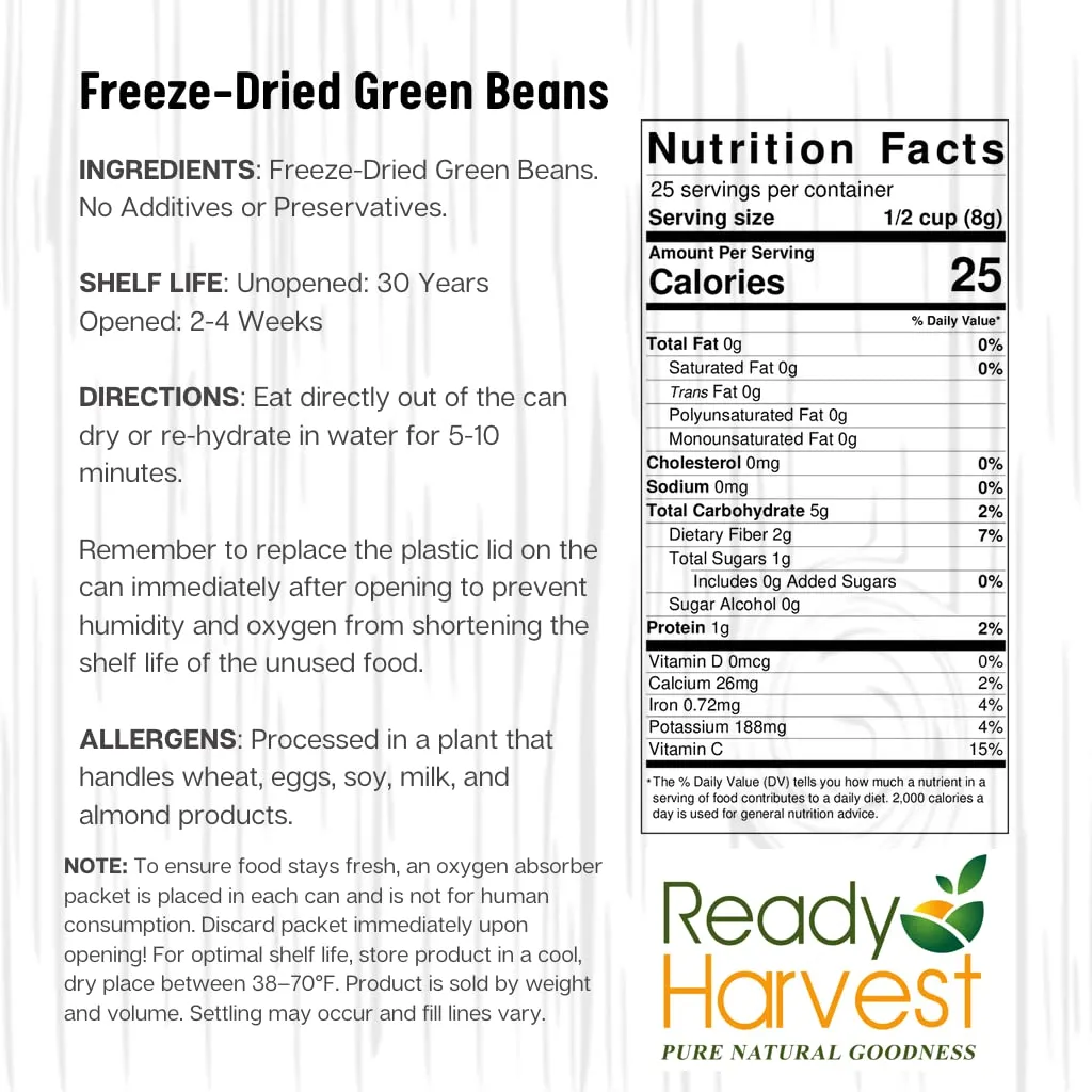 Ready Harvest Freeze-Dried Food Green Beans for Emergency Supply | Survival Emergency Supplies | Camping Canned Vegetables #10 Can | 25-Year Shelf Life | 6 Cans