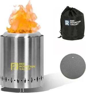 Red Mountain Valley Smokeless Tabletop Fire Pit with Mat, Portable Mini Low Smoke Camping Stove with Travel Bag and Fireproof Mat, Stainless Steel Sliver, for Outdoor Enthusiasts