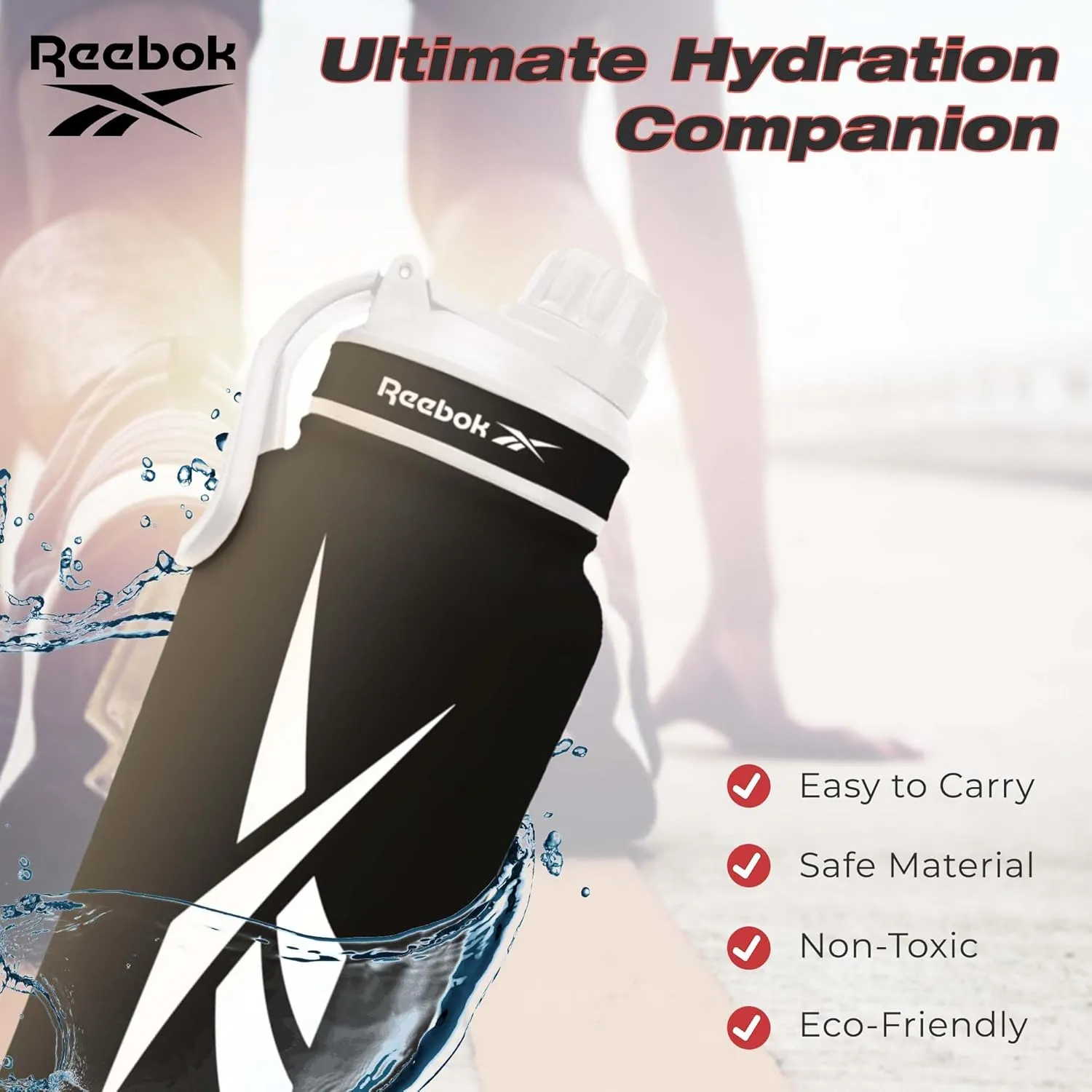 Reebok Stainless Steel Water Bottle With Athletic Design - Insulated Water Bottle 40 oz With Chug Lid - Double Wall Vaccum Insulated Sports Water Bottle, BPA Free (Black)