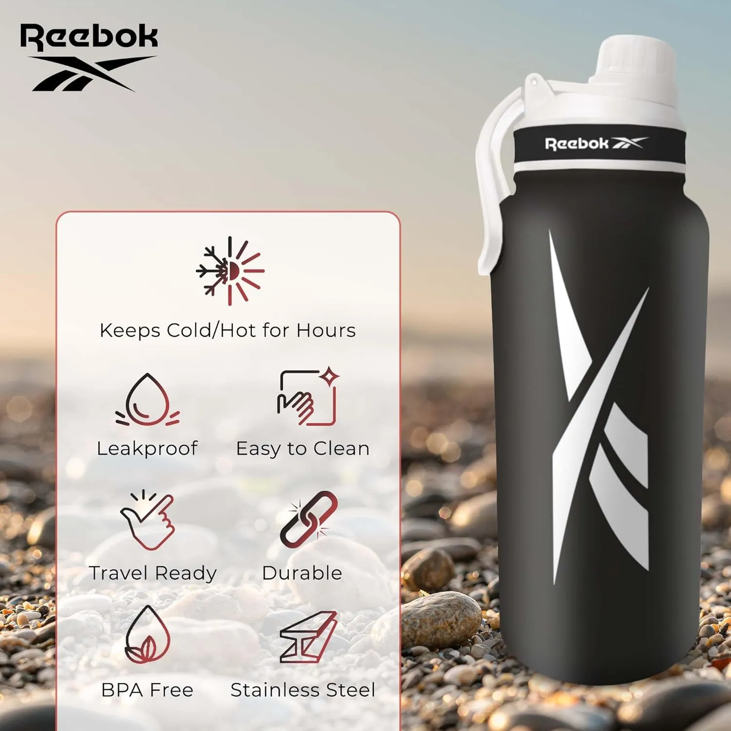 Reebok Stainless Steel Water Bottle With Athletic Design - Insulated Water Bottle 40 oz With Chug Lid - Double Wall Vaccum Insulated Sports Water Bottle, BPA Free (Black)