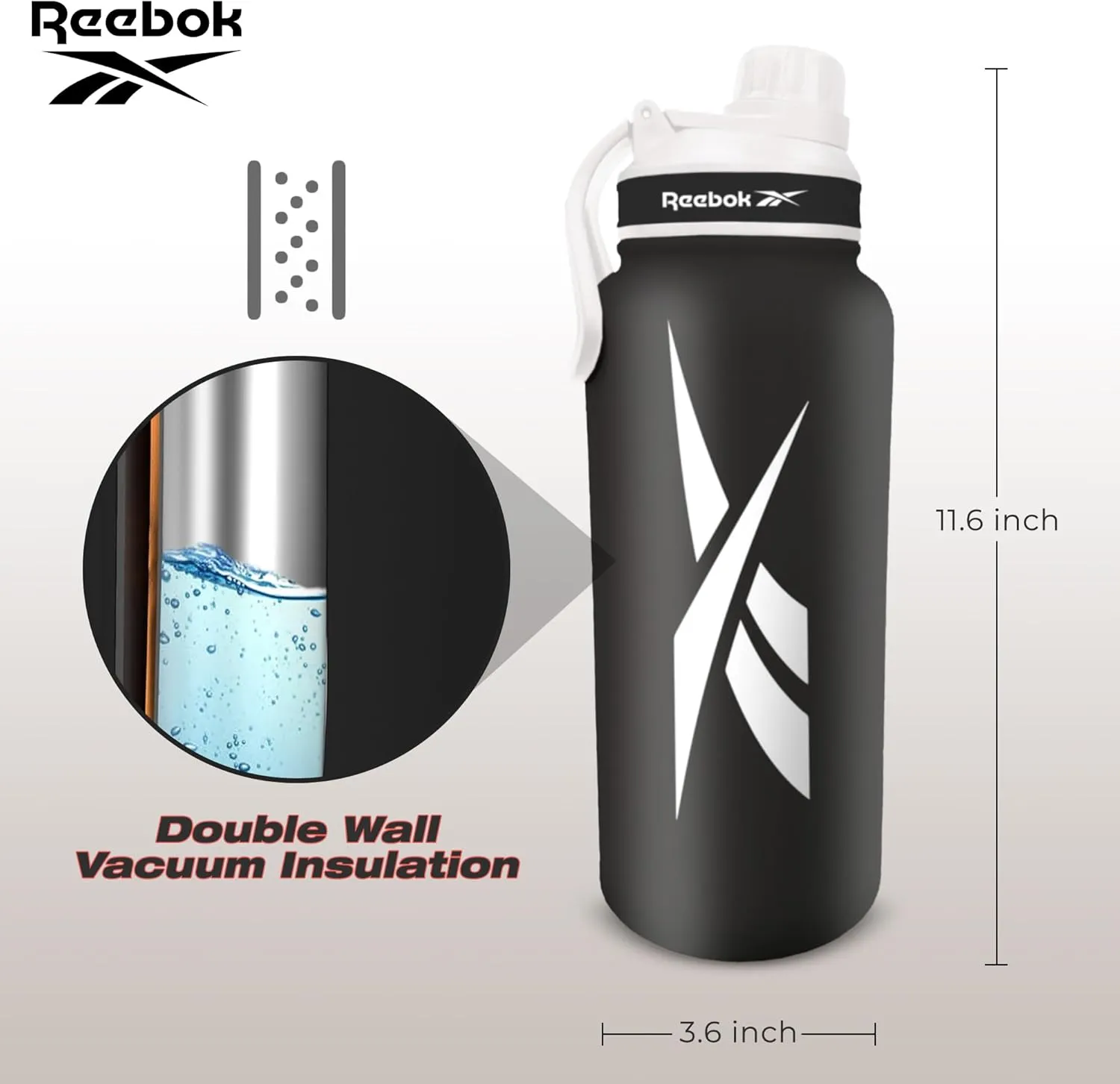 Reebok Stainless Steel Water Bottle With Athletic Design - Insulated Water Bottle 40 oz With Chug Lid - Double Wall Vaccum Insulated Sports Water Bottle, BPA Free (Black)