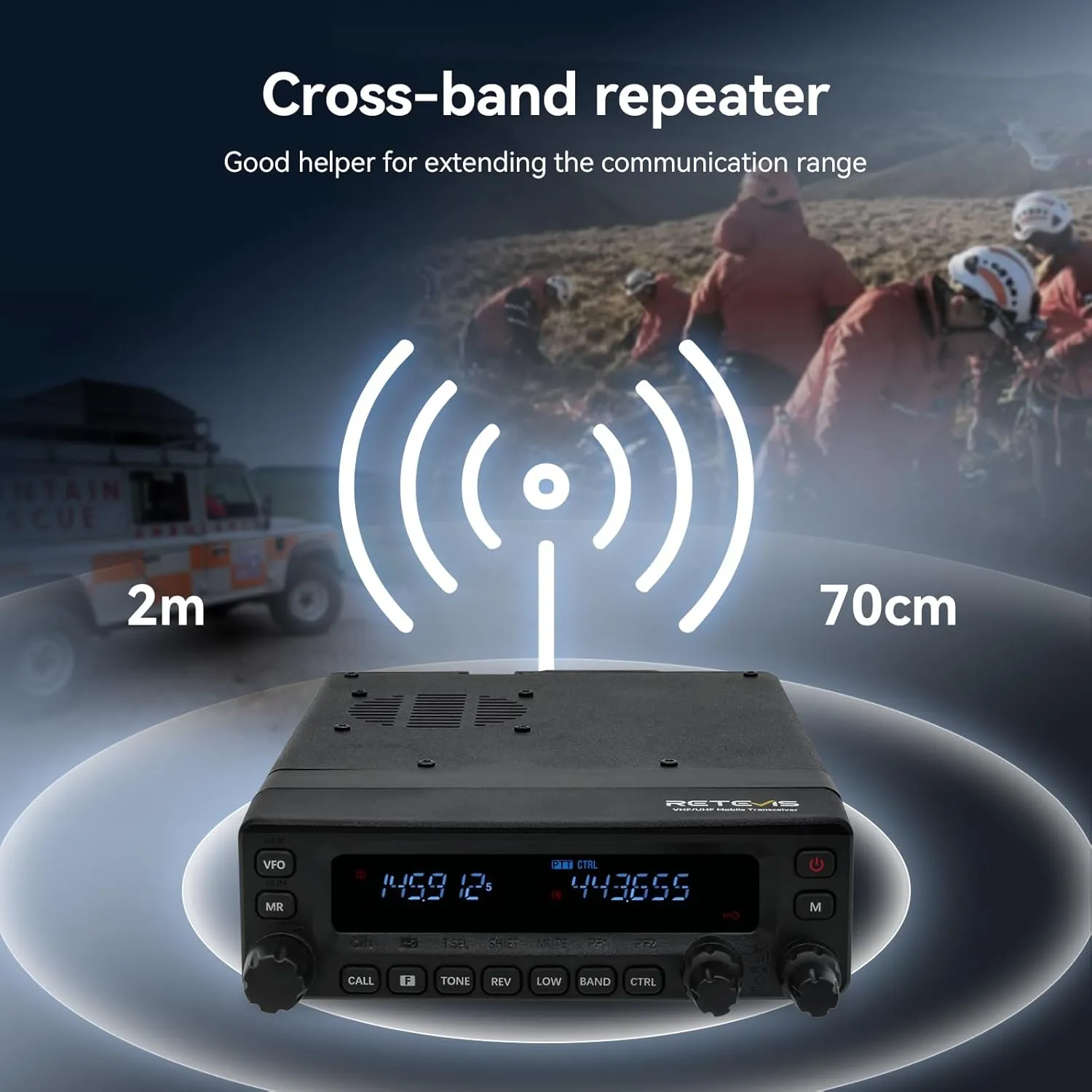 Retevis MA1 50W Dual Band Mobile Ham Radio|Cross-Band Repeater 2-in-1 Transceiver|Superheterodyne Receiver |2m/70cm/Air Band Reception| Detachable Control Panel | Long Range Base Station with Antenna