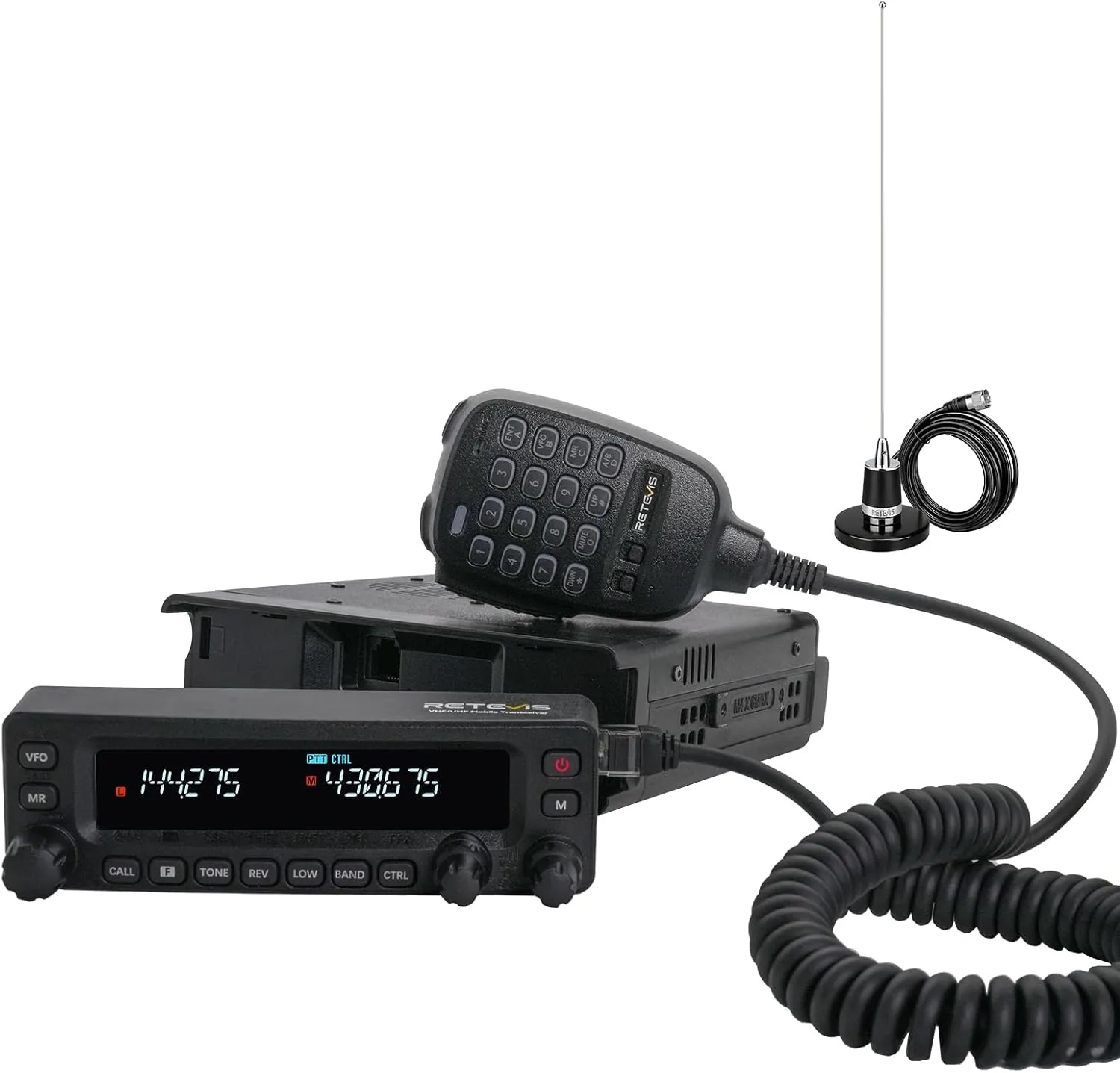Retevis MA1 50W Dual Band Mobile Ham Radio|Cross-Band Repeater 2-in-1 Transceiver|Superheterodyne Receiver |2m/70cm/Air Band Reception| Detachable Control Panel | Long Range Base Station with Antenna