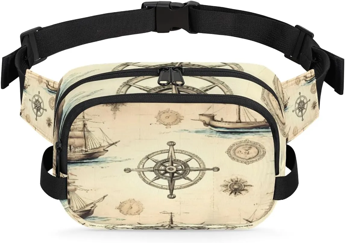 Retro Anchor Compass Ship Waist Packs for Women Men, Waterproof Hiking Fanny Packs, Crossbody Waist Bag with Adjustable Strap, Waist Pouch for Travel Running