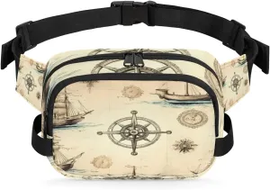 Retro Anchor Compass Ship Waist Packs for Women Men, Waterproof Hiking Fanny Packs, Crossbody Waist Bag with Adjustable Strap, Waist Pouch for Travel Running