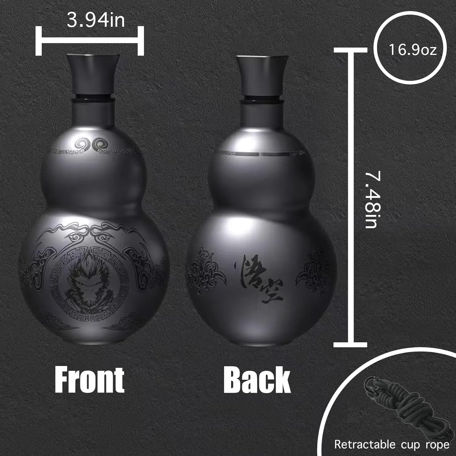 Retro Gourd Water Bottle 16.9 oz | 316 Stainless Steel Vacuum-Insulated Thermos Cup Leak-Proof Sports Water Bottle for Outdoor and Indoor with Strap Black