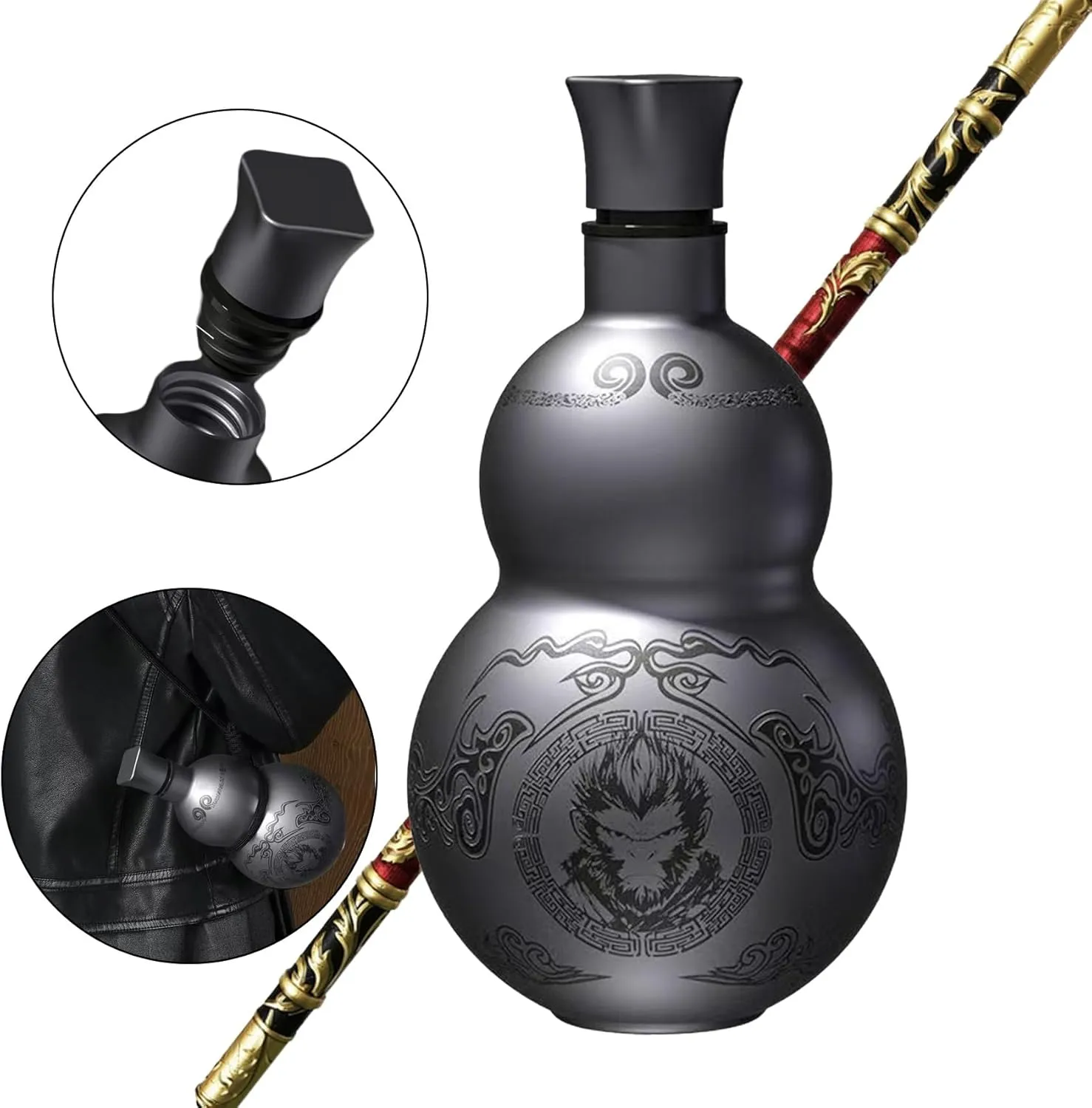 Retro Gourd Water Bottle 16.9 oz | 316 Stainless Steel Vacuum-Insulated Thermos Cup Leak-Proof Sports Water Bottle for Outdoor and Indoor with Strap Black