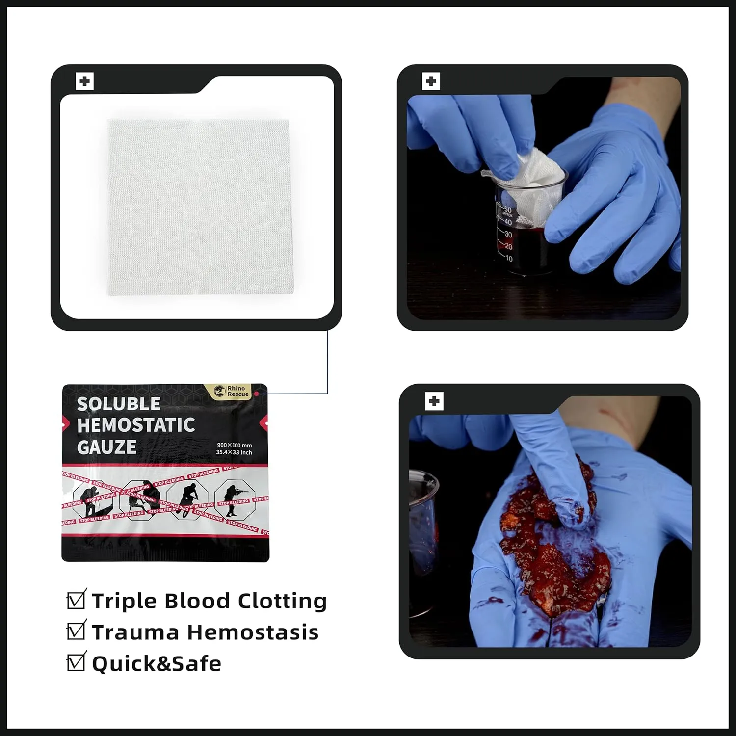 RHINO RESCUE Soluble Hemostatic Gauze Dressing 4"*35"(3ft) for Quick Clotting, Stop Bleeding Gauze for Combat, Trauma, IFAK Refill, Wound Kit, 1 Count