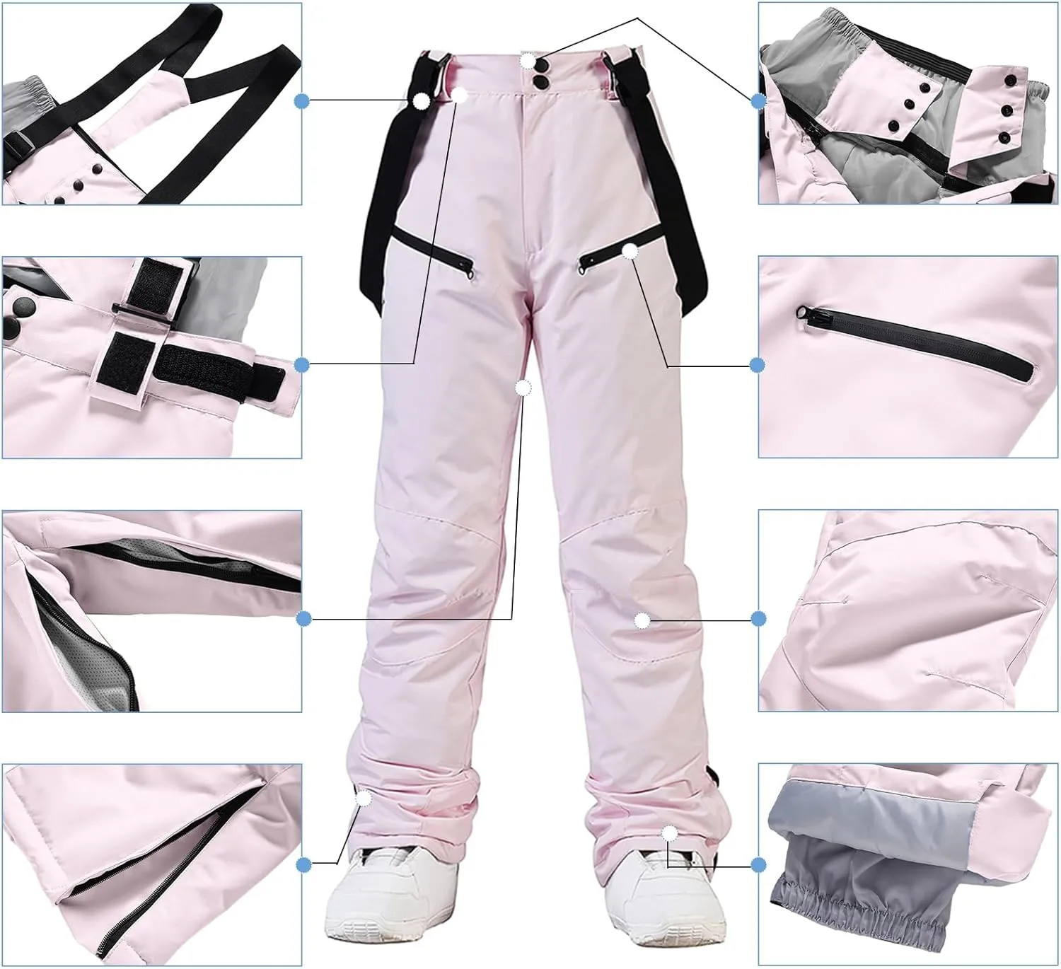 RIUIYELE Women's Detachable Ski Bib Pants Outdoor Windproof Waterproof Snow Pants Insulated Warm Pants