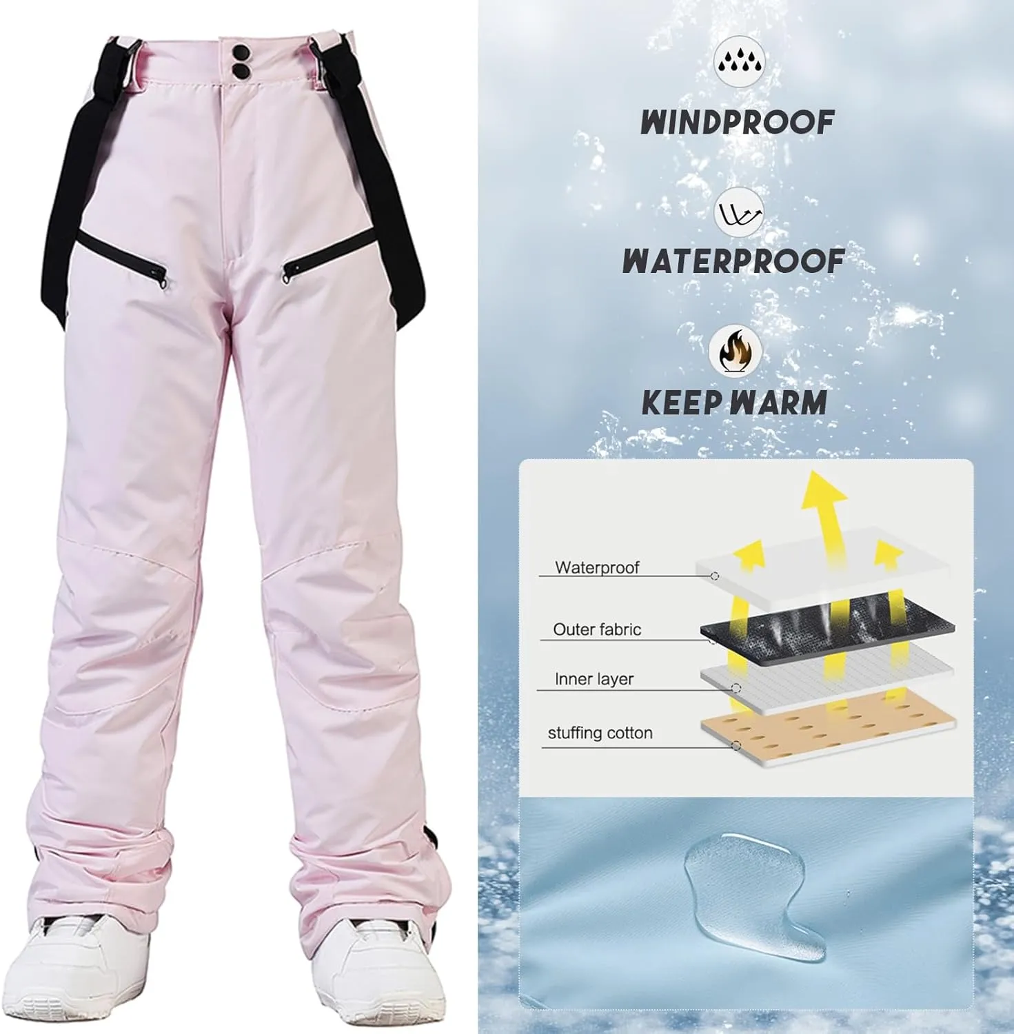 RIUIYELE Women's Detachable Ski Bib Pants Outdoor Windproof Waterproof Snow Pants Insulated Warm Pants