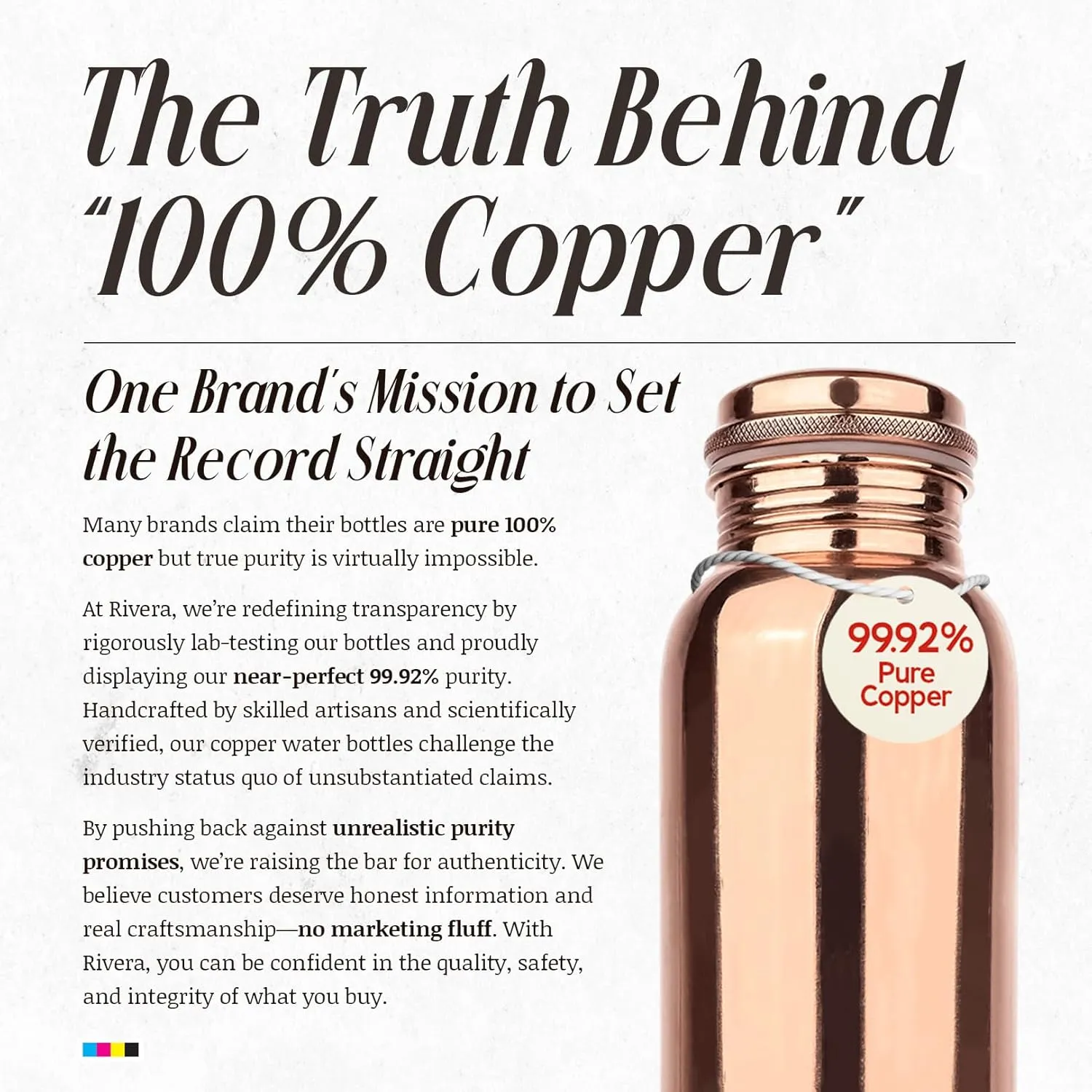 Rivera 32oz – 99.92% LAB TESTED Pure Copper water bottle, PTFE & PFOA Free, Leakproof & Joint free, BPA-Free, Eco-Friendly, Non-Toxic, Handcrafted for Hydration, Detox & Wellness - Plain