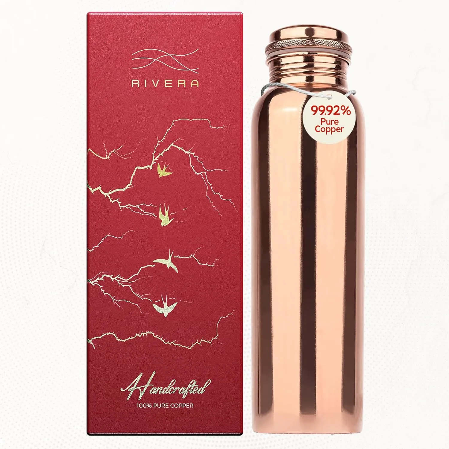 Rivera 32oz – 99.92% LAB TESTED Pure Copper water bottle, PTFE & PFOA Free, Leakproof & Joint free, BPA-Free, Eco-Friendly, Non-Toxic, Handcrafted for Hydration, Detox & Wellness - Plain