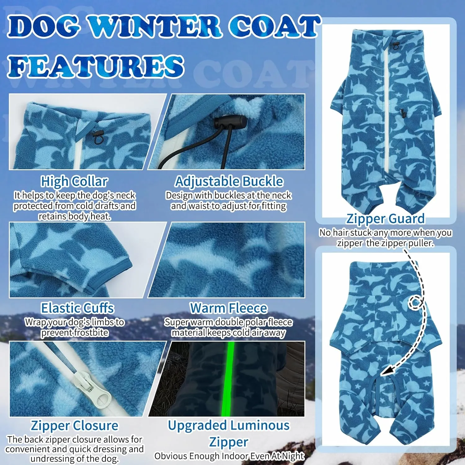ROZKITCH Dog Winter Coat Soft Fleece Pullover Pajamas, Pet Windproof Warm Cold Weather Jacket Vest with Luminous Zipper, Jumpsuit Apparel Outfit Clothes for Small Medium Large Dog Shark M