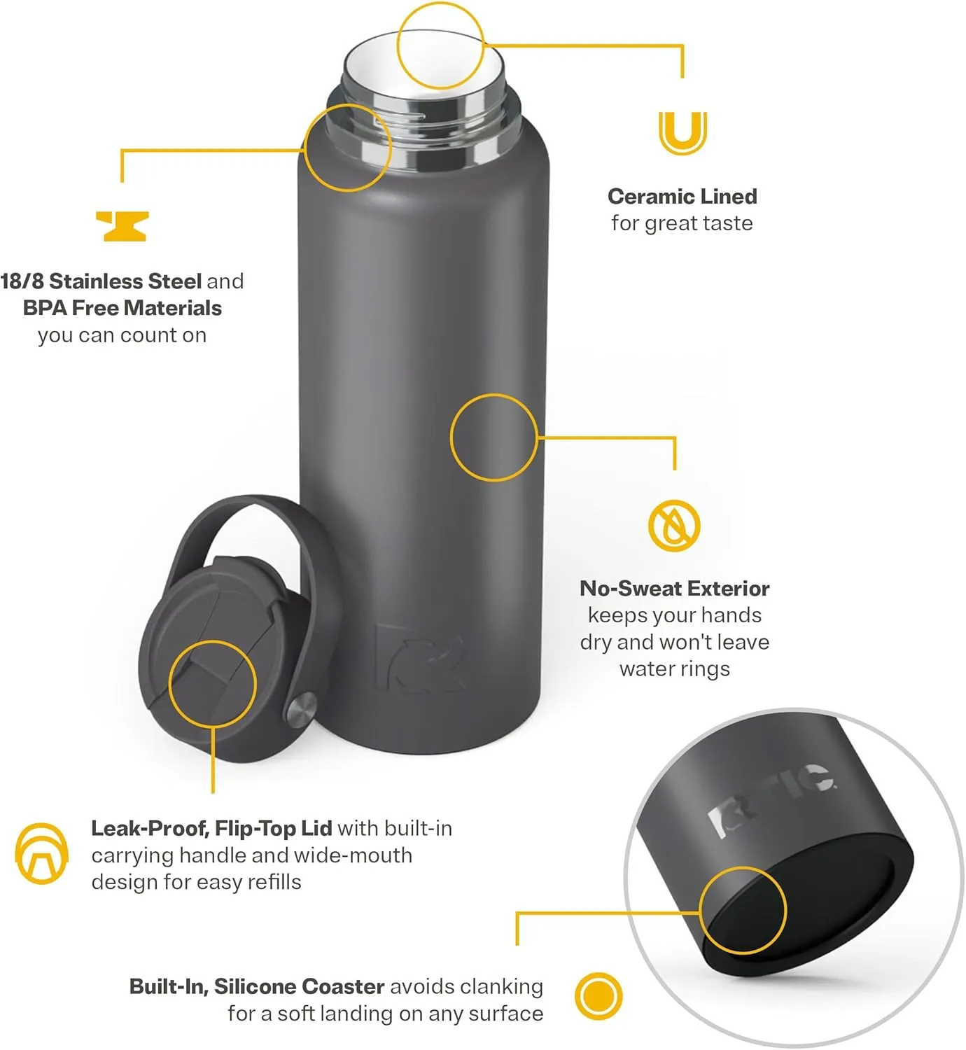 RTIC 40oz Outback Bottle, Insulated, Stainless Steel, Metal, Double Wall Vacuum-Insulation, Ceramic Lined, Leak-Proof Lid, BPA-Free Water Flask for Hiking, Running, Sports, Outdoor, Graphite