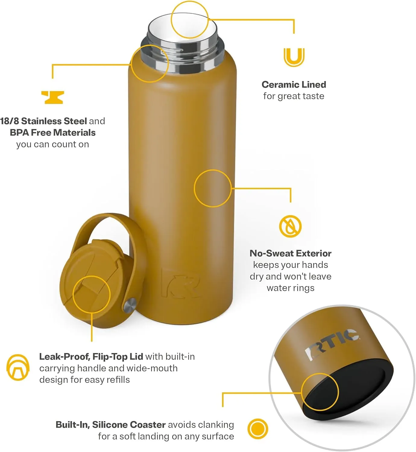 RTIC 40oz Outback Bottle, Insulated, Stainless Steel, Metal, Double Wall Vacuum-Insulation, Ceramic Lined, Leak-Proof Lid, BPA-Free Water Flask for Hiking, Running, Sports, Outdoor, Harvest