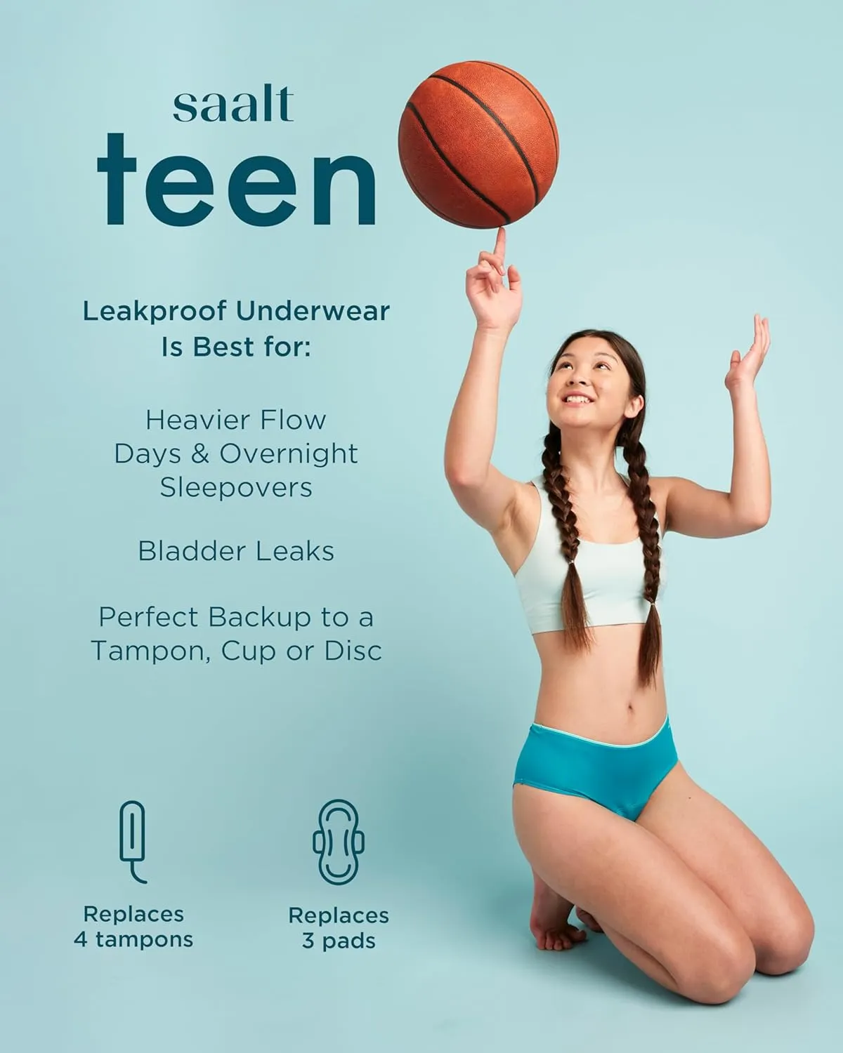 saalt Teen Brief Period Underwear - Leakproof Menstrual Underwear for Teen Girls - Full-Coverage Comfort