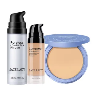 SACE LADY Smooth Primer and Flawless Foundation and Oil Control Face Powder, Long Lasting Coverage Waterproof Natural Cosmetics Kit