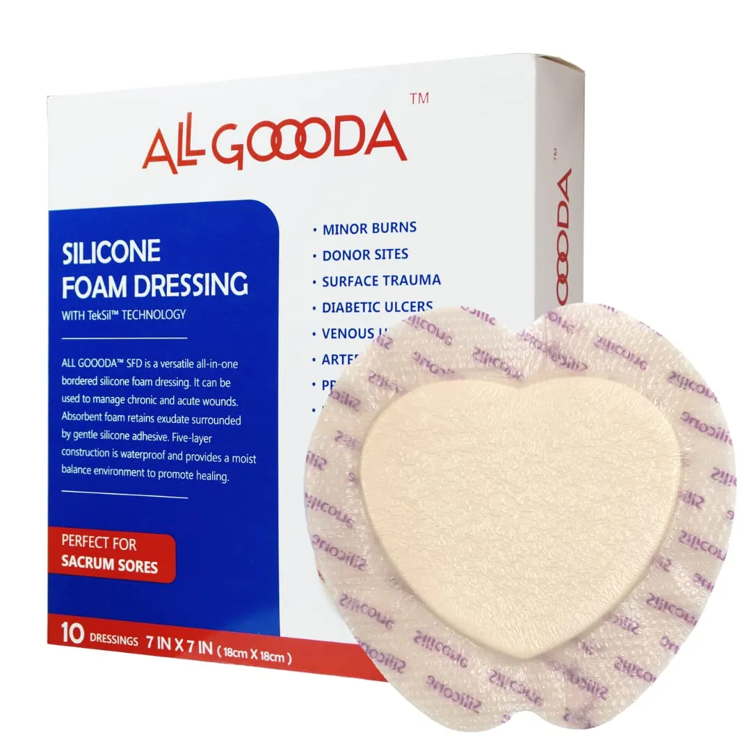 Sacral Silicone Foam Dressing 7”x7”[10 Pack] Gentle Adhesive Border for Sacrum Wound Care, Sacral Foam Dressing, Bed Sore, Pressure Sore, Diabetic Ulcer, Large Wound Bandage