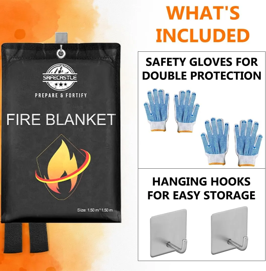 SAFECASTLE Emergency Fire Blanket 59"x59" Large Size, 2 Pack   2 Hooks & 2 Gloves Fire Retardant Blanket with Fireproof Tabs for Home, Outdoor, Office, Car and Camping Fire Protection Survival Safety