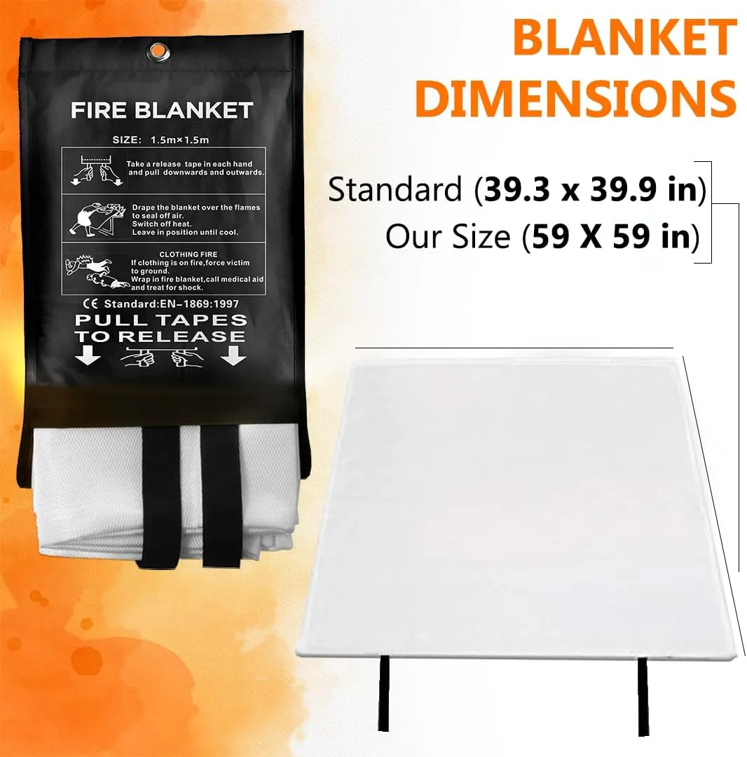SAFECASTLE Emergency Fire Blanket 59"x59" Large Size, 2 Pack   2 Hooks & 2 Gloves Fire Retardant Blanket with Fireproof Tabs for Home, Outdoor, Office, Car and Camping Fire Protection Survival Safety