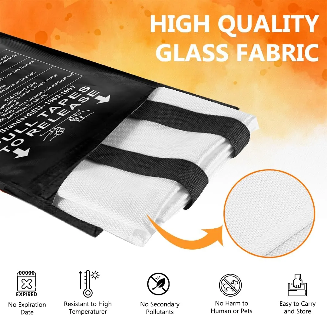 SAFECASTLE Emergency Fire Blanket 59"x59" Large Size, 2 Pack   2 Hooks & 2 Gloves Fire Retardant Blanket with Fireproof Tabs for Home, Outdoor, Office, Car and Camping Fire Protection Survival Safety