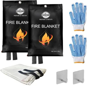 SAFECASTLE Emergency Fire Blanket 59"x59" Large Size, 2 Pack   2 Hooks & 2 Gloves Fire Retardant Blanket with Fireproof Tabs for Home, Outdoor, Office, Car and Camping Fire Protection Survival Safety