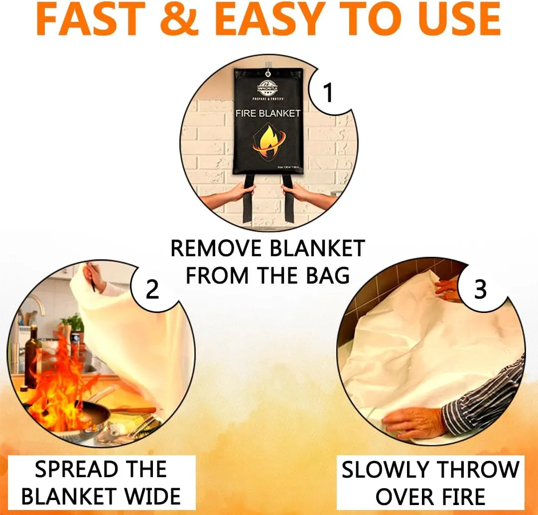 SAFECASTLE Emergency Fire Blanket 59"x59" Large Size, 2 Pack   2 Hooks & 2 Gloves Fire Retardant Blanket with Fireproof Tabs for Home, Outdoor, Office, Car and Camping Fire Protection Survival Safety
