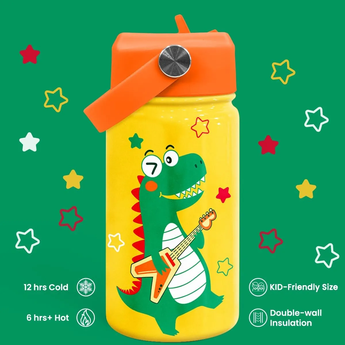 SANDJEST Dinosaurs Water Bottle - Dino Kids Water Bottle with Straw Lid - 12 Oz Insulated Stainless Steel Water Bottles for Toddlers Kid Boys - Travel Cup for School Sports