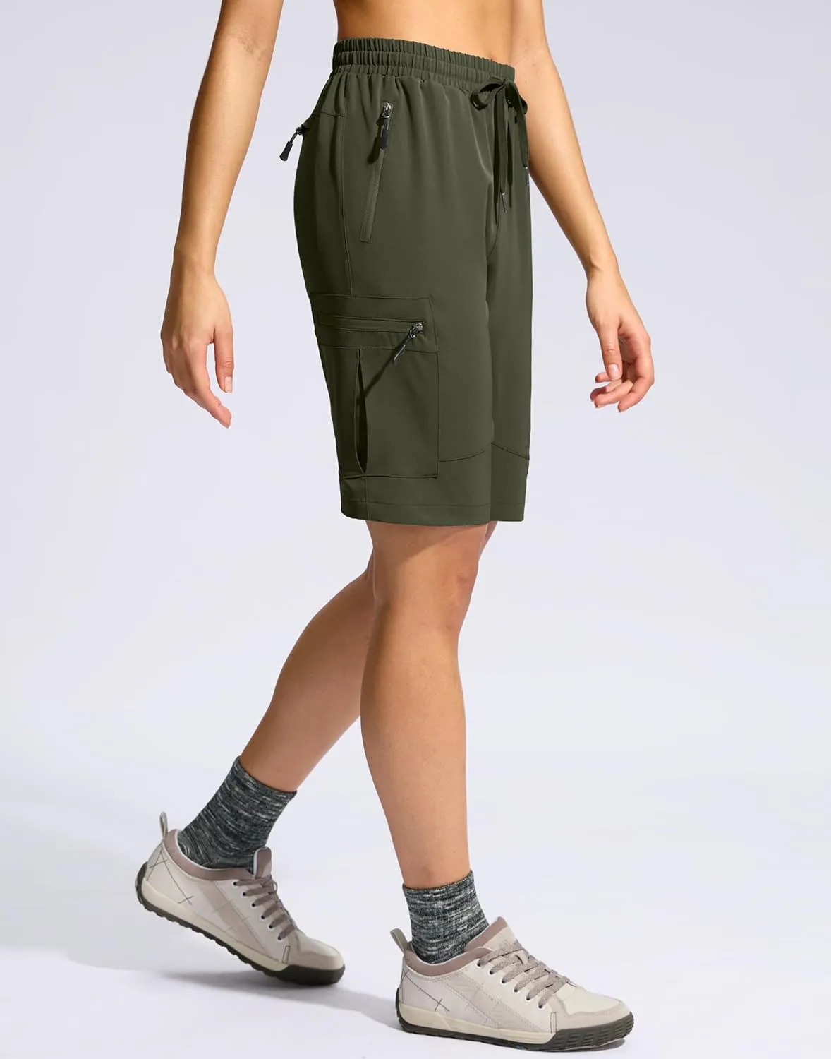 SANTINY Women's 10'' Lightweight Hiking Cargo Shorts with 5 Zipper Pockets Quick Dry Summer Long Travel Golf Shorts for Women