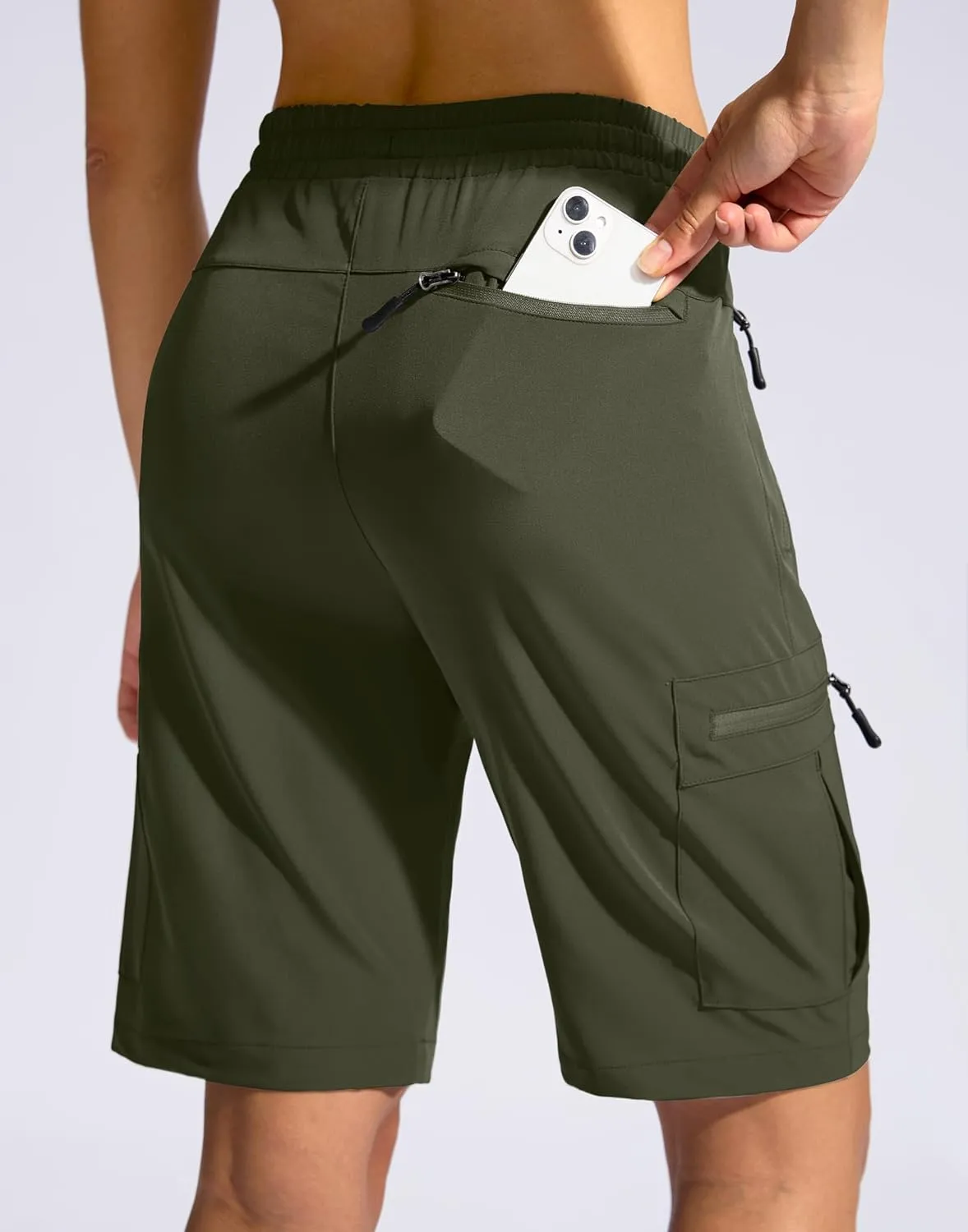 SANTINY Women's 10'' Lightweight Hiking Cargo Shorts with 5 Zipper Pockets Quick Dry Summer Long Travel Golf Shorts for Women