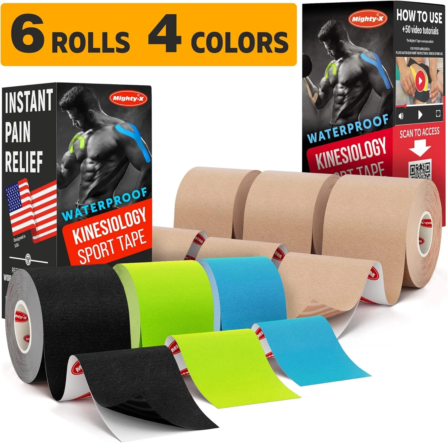 Save 10% on 6 Uncut Rolls - Waterproof Kinetic Tape for Knees and Shoulders   50 Video Guides - Immediate Pain Relief - Use as: Knee Tape, Muscle Tape, Shoulder Tape - 16.4ft - Latex Free