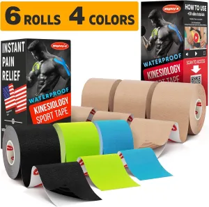 Save 10% on 6 Uncut Rolls - Waterproof Kinetic Tape for Knees and Shoulders   50 Video Guides - Immediate Pain Relief - Use as: Knee Tape, Muscle Tape, Shoulder Tape - 16.4ft - Latex Free