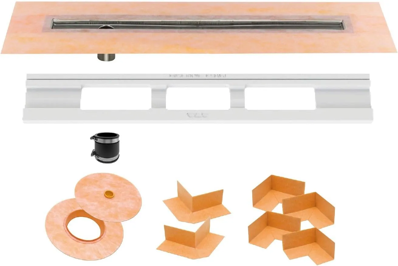 Schluter Kerdi Line Shower Drain with 36" Stainless Steel Channel Body and Waterproof Kerdi Collar - Ideal for Showers and Wet Rooms - Off-Set Outlet Position, 35-7/16" Grate Length - KL1VO60E90