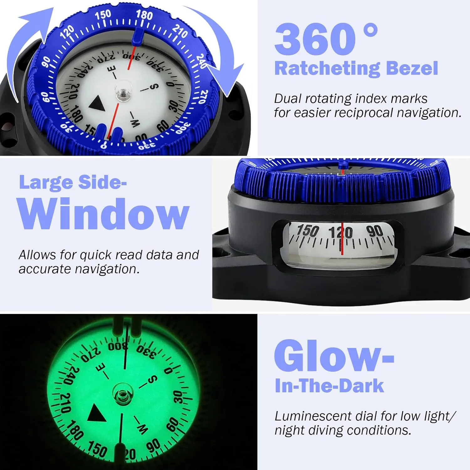 Scuba Dive Compass, Waterproof 5ATM Marine Navigation Wrist Compass with Bungee Mount and Cord, Glow in The Dark for Underwater Diving, Sailing, Camping, Kayaking, Hiking