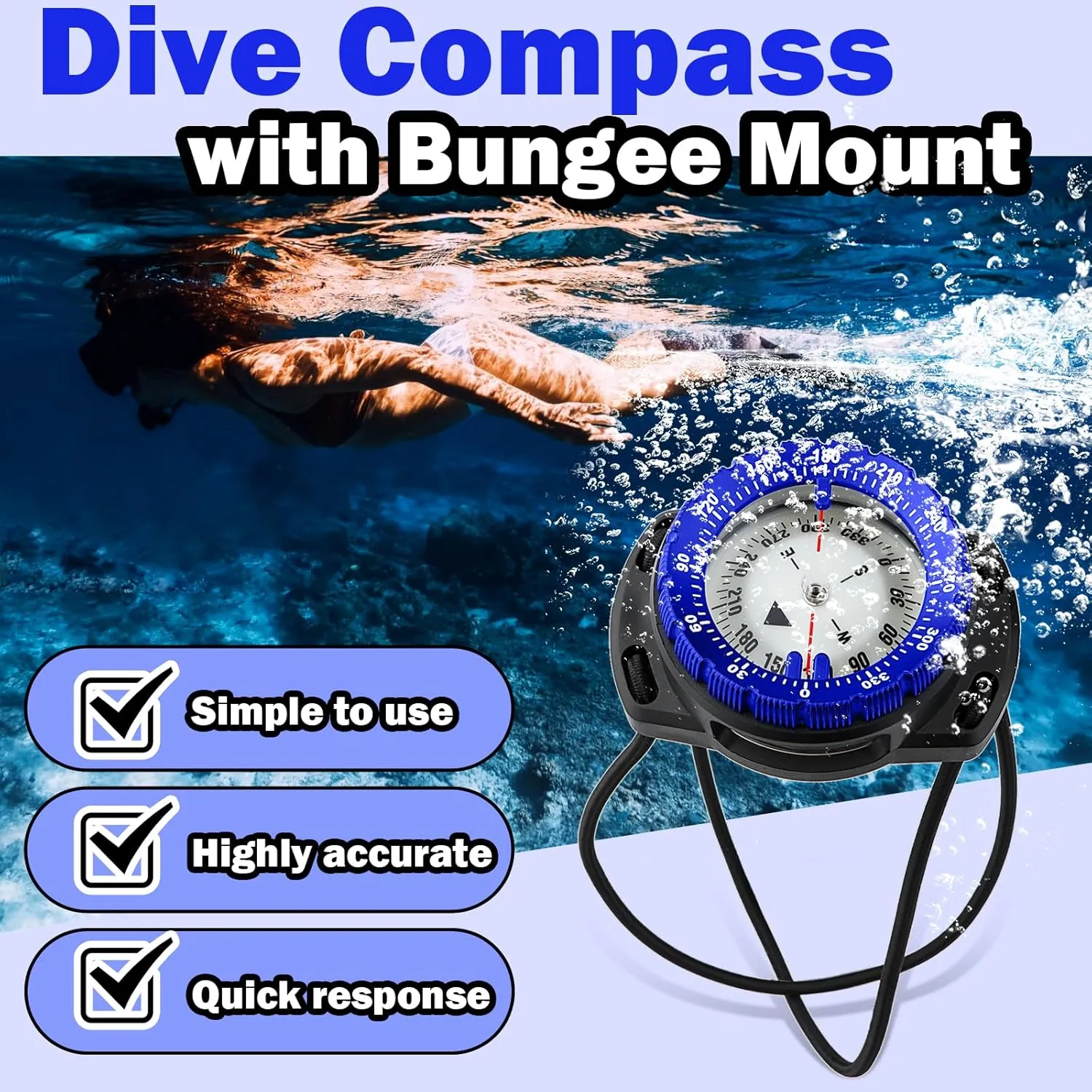 Scuba Dive Compass, Waterproof 5ATM Marine Navigation Wrist Compass with Bungee Mount and Cord, Glow in The Dark for Underwater Diving, Sailing, Camping, Kayaking, Hiking