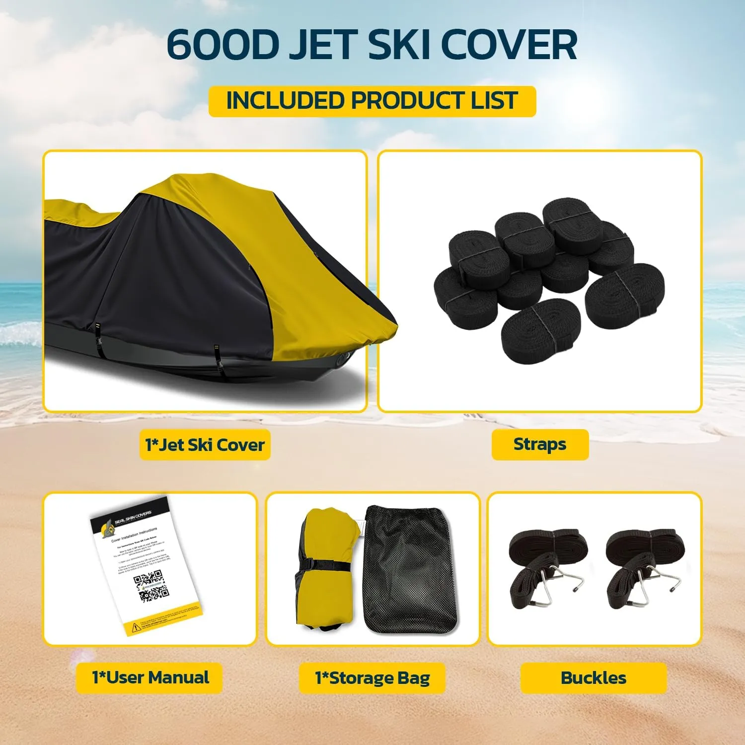Seal Skin Covers Heavy Duty Jet Ski Cover Marine Grade Waterproof UV Resistant PWC Cover for 2 Seater Compatible with Yamaha Sea-Doo Kawasaki fits 116"-125"
